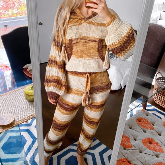 🍂 MOON RIVER BROWN TAN OMBRE KNIT TASSEL PANTS & HOODIE SET! - Picture 4 of 16